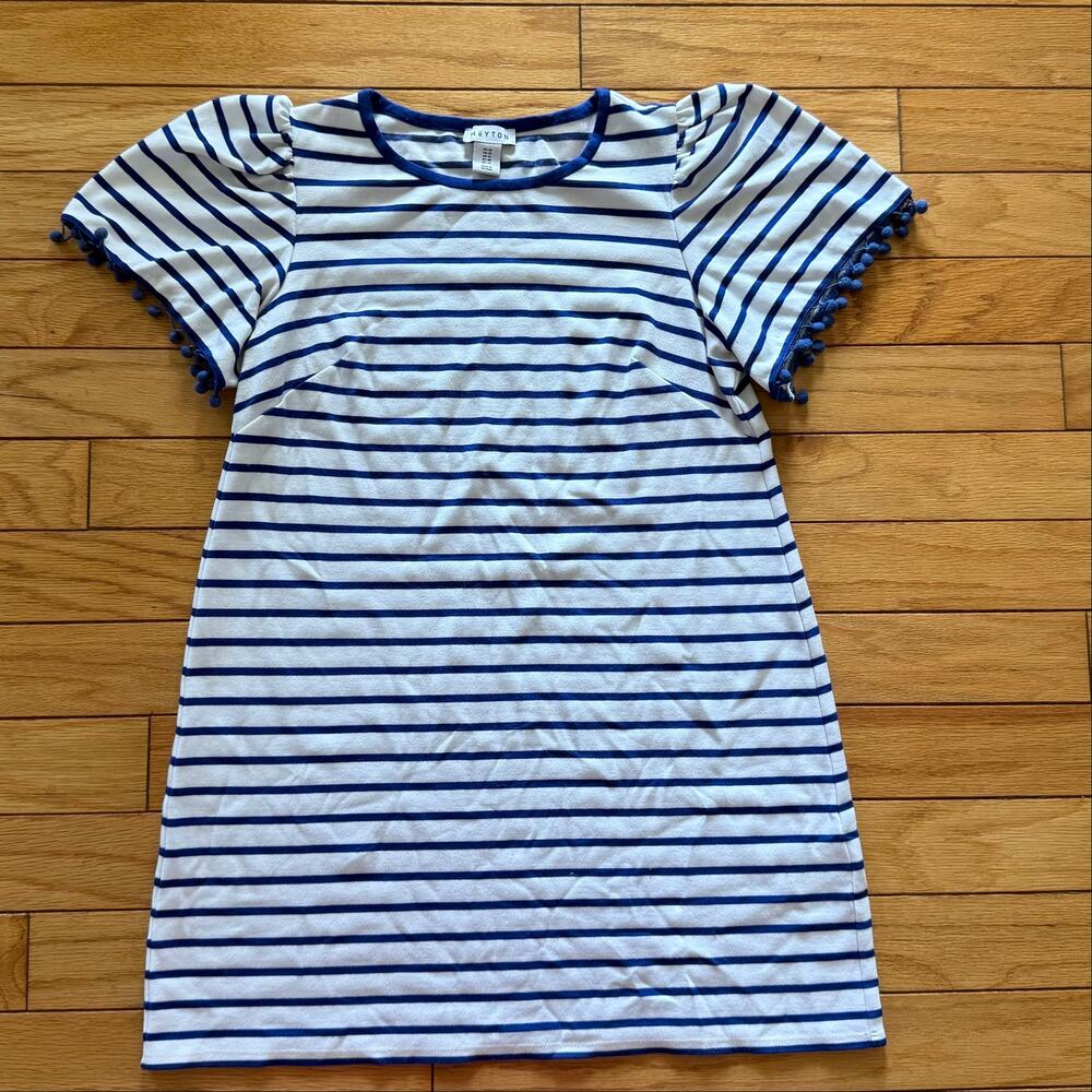 Heyton Womens Size 10 Striped Pom Pom Flutter Sleeve Shift Dress Blue White